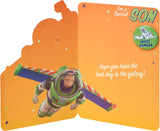 Disney Toy Story Buzz Lightyear birthday greeting card for son by UK Greetings featuring a badge and colorful design.
