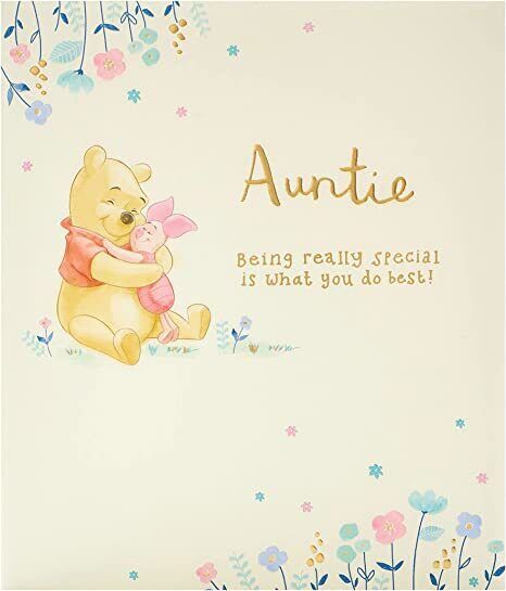 Disney Winnie the Pooh Auntie birthday card by UK Greetings, colorful illustration featuring Pooh and friends for special occasions.