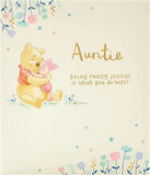 Disney Winnie the Pooh Auntie birthday card by UK Greetings, colorful illustration featuring Pooh and friends for special occasions.
