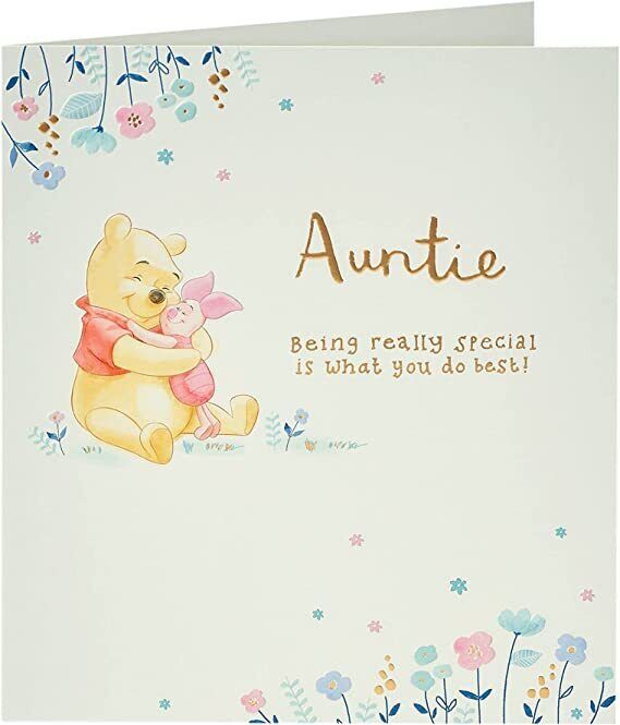 UK Greetings Disney Winnie the Pooh Auntie birthday greeting card, featuring Pooh and playful design for special occasions.