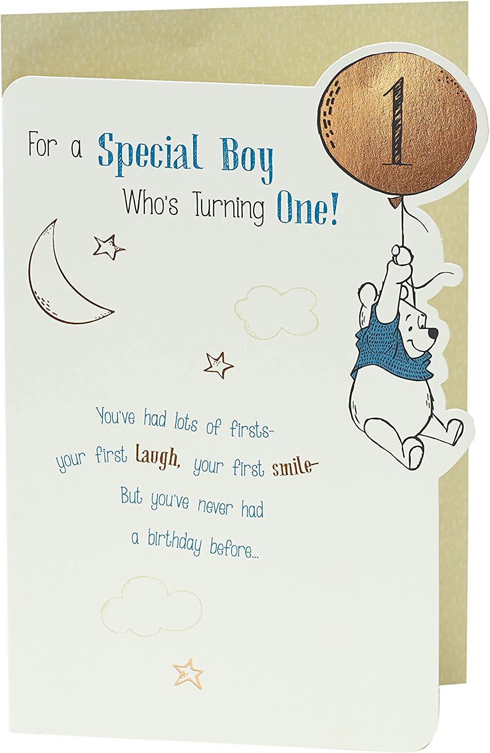 Disney Winnie the Pooh baby boy 1st birthday card by UK Greetings featuring colorful Winnie the Pooh design and cheerful birthday message