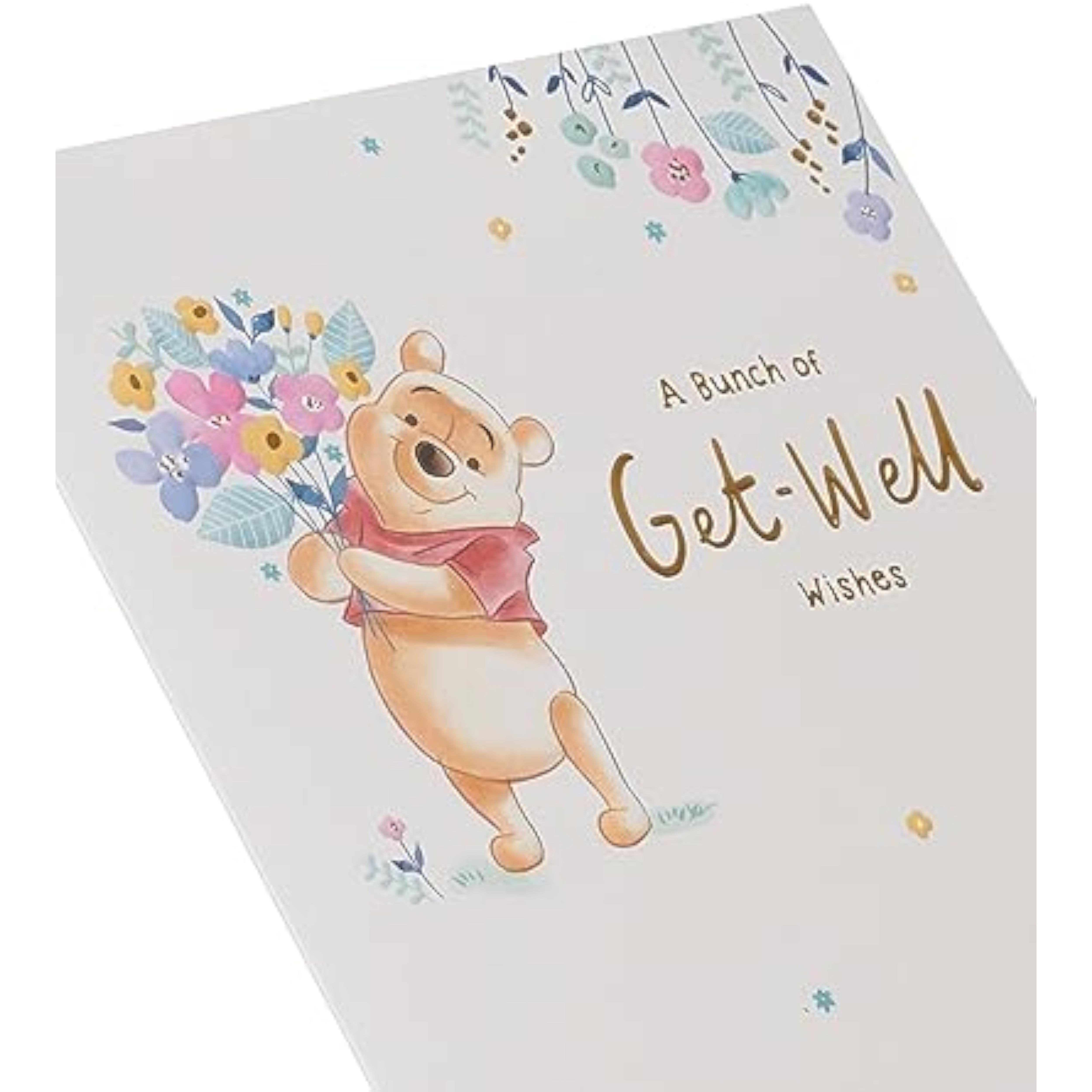 Disney Winnie the Pooh Get Well Soon Card by UK Greetings featuring a flower design and cheerful Pooh illustration.