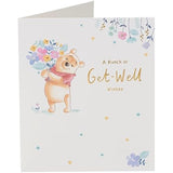 UK Greetings Disney Winnie the Pooh get well soon card featuring colorful flower design and cheerful illustration.