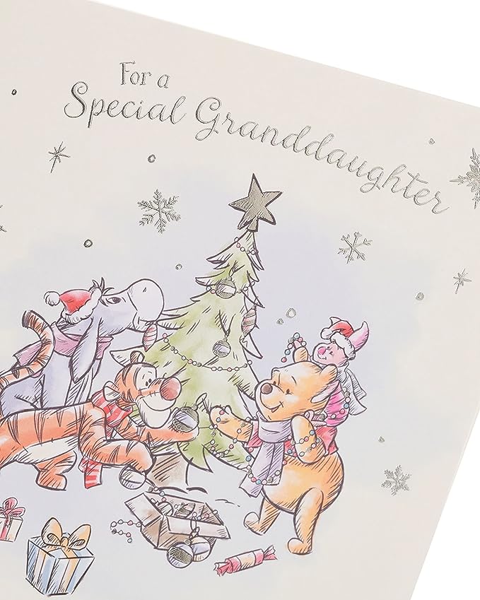 UK Greetings Disney Winnie the Pooh granddaughter Christmas card featuring Winnie the Pooh and festive holiday design.