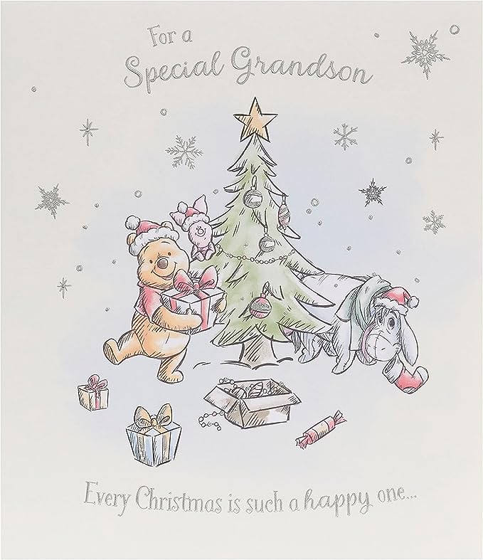UK Greetings Disney Winnie the Pooh grandson Christmas card featuring Winnie the Pooh with holiday-themed design.