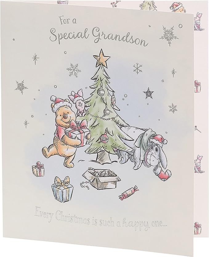 UK Greetings Disney Winnie the Pooh grandson Christmas card featuring Pooh and friends with festive holiday design.