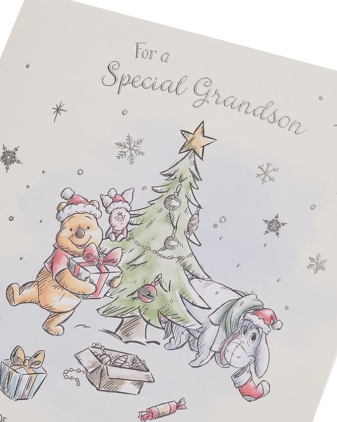 Disney Winnie the Pooh grandson Christmas card by UK Greetings, featuring Pooh on a festive holiday scene.