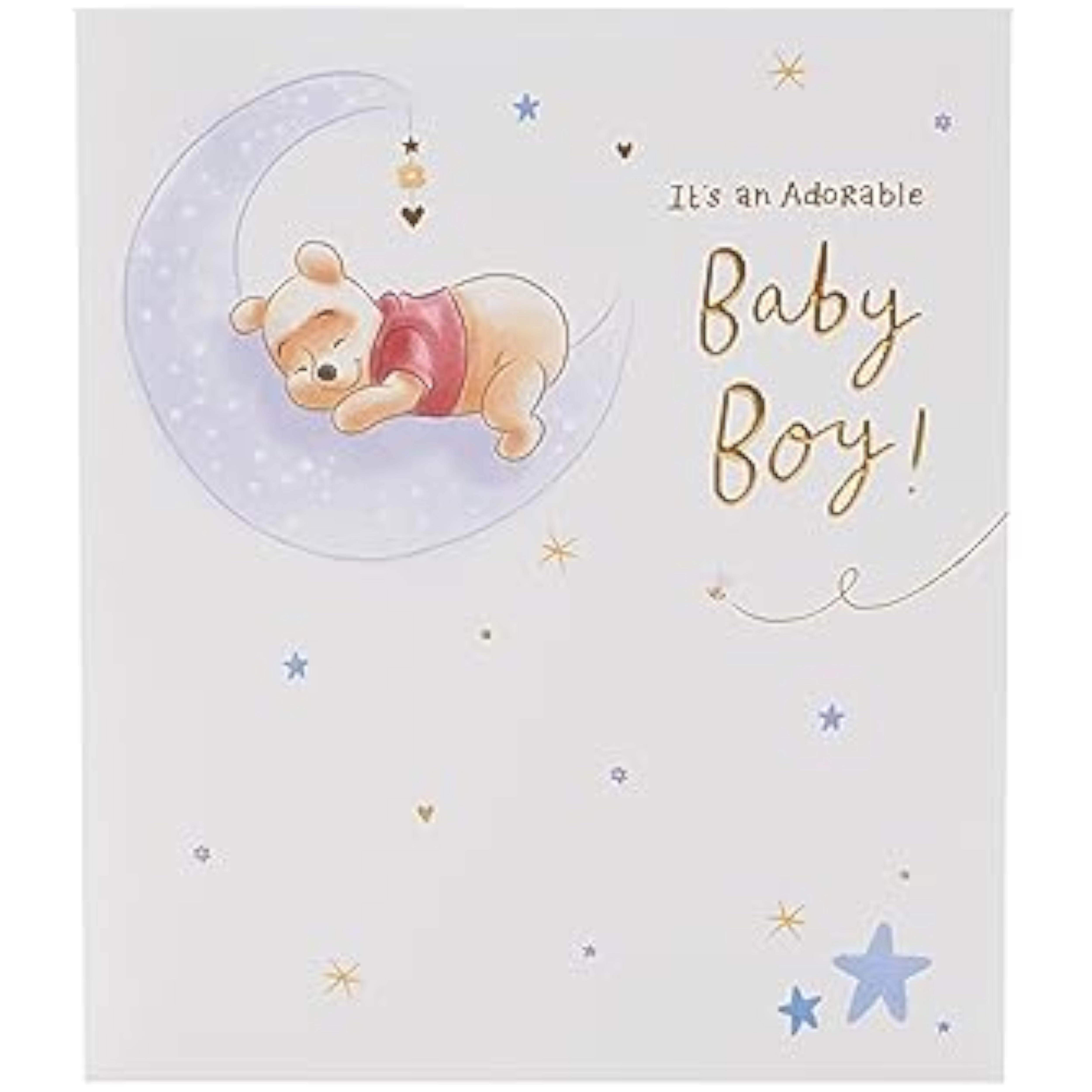 UK Greetings Disney Winnie the Pooh new baby boy greeting card featuring Winnie the Pooh and friends with colorful, cheerful design