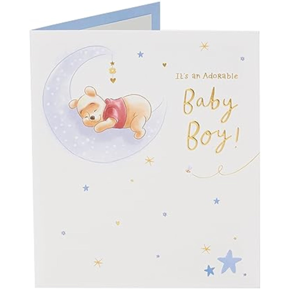UK Greetings Disney Winnie the Pooh new baby boy greeting card, colorful design featuring Winnie the Pooh and baby-themed elements.