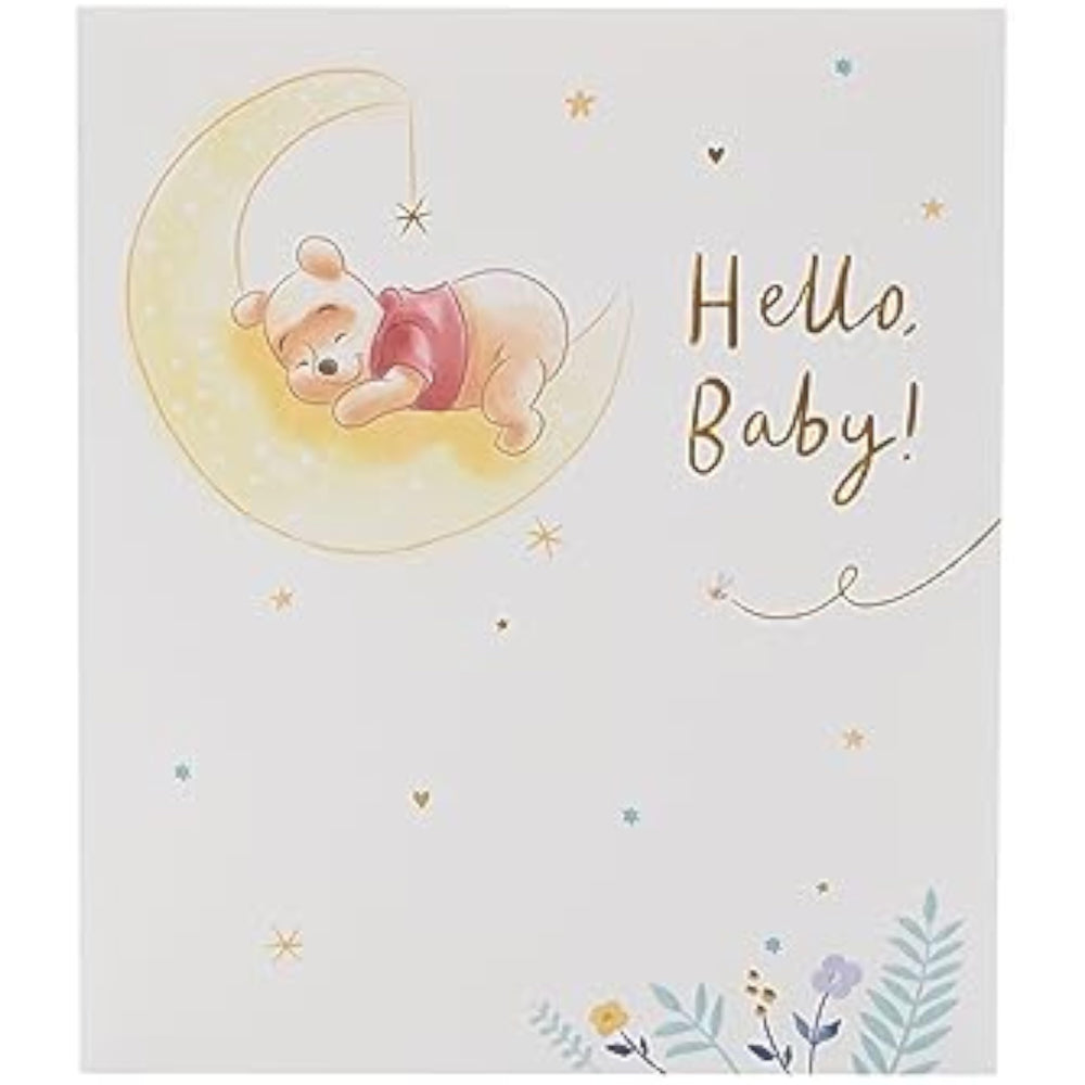 UK Greetings Disney Winnie the Pooh new baby greeting card featuring Winnie the Pooh and friends, perfect for celebrating a new arrival.