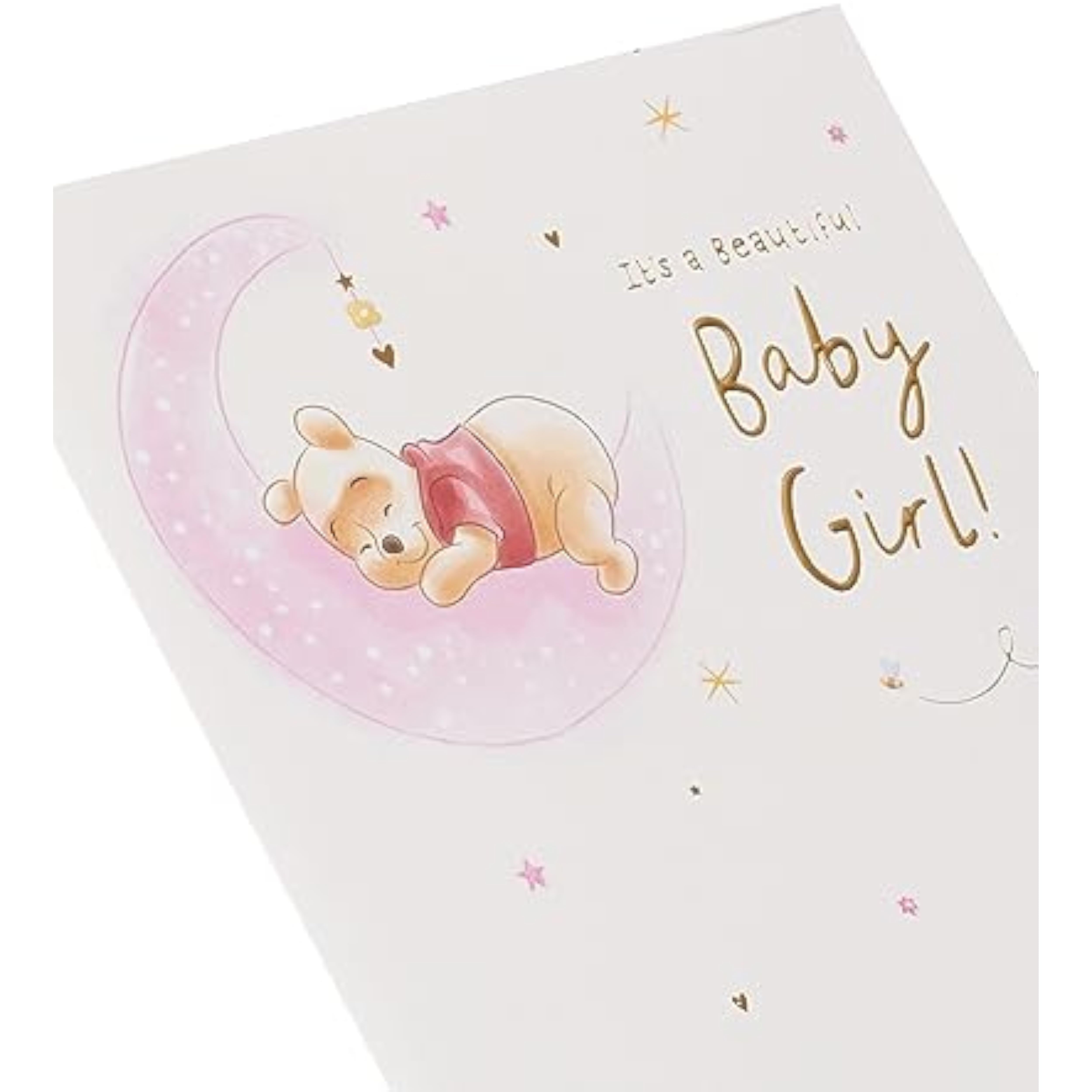 UK Greetings Disney Winnie the Pooh new baby girl greeting card with colorful Winnie the Pooh design and adorable baby-themed illustrations.