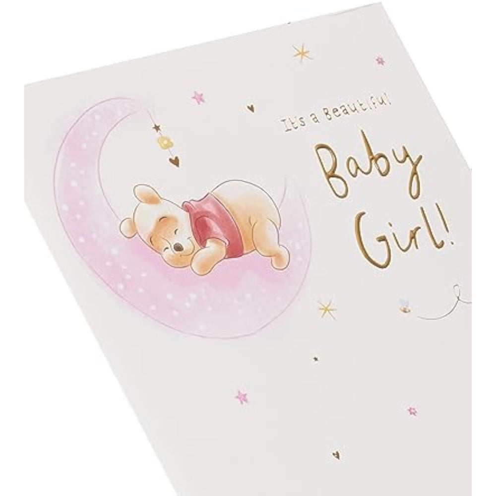 UK Greetings Disney Winnie the Pooh new baby girl greeting card with colorful Winnie the Pooh design and adorable baby-themed illustrations.