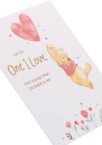 Disney Winnie the Pooh Valentine's Day greeting card by UK Greetings featuring a "One I Love" balloon design and cheerful illustrations.