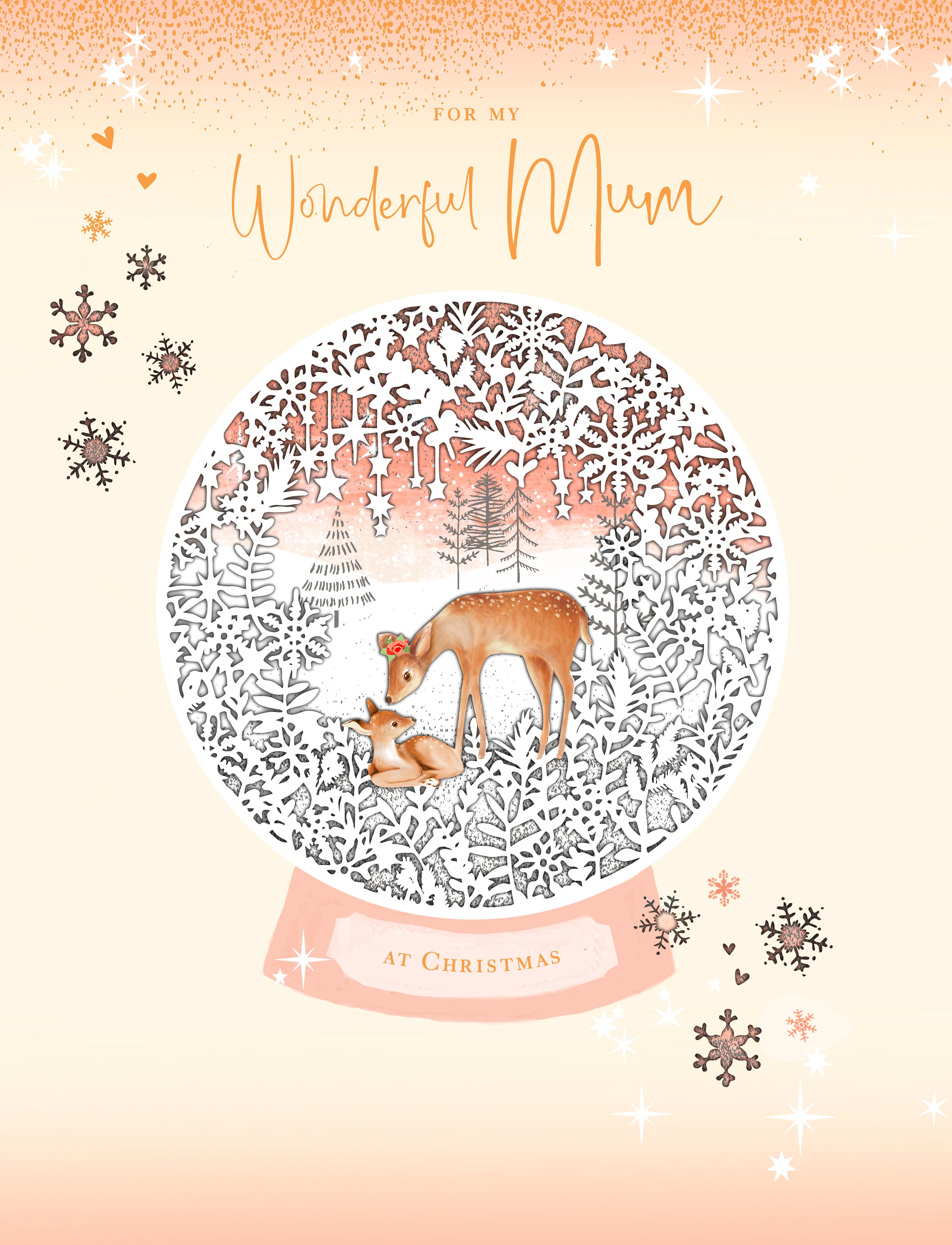 UK Greetings Doe and Deer Christmas card featuring festive holiday illustrations and "Wonderful Mum" message.