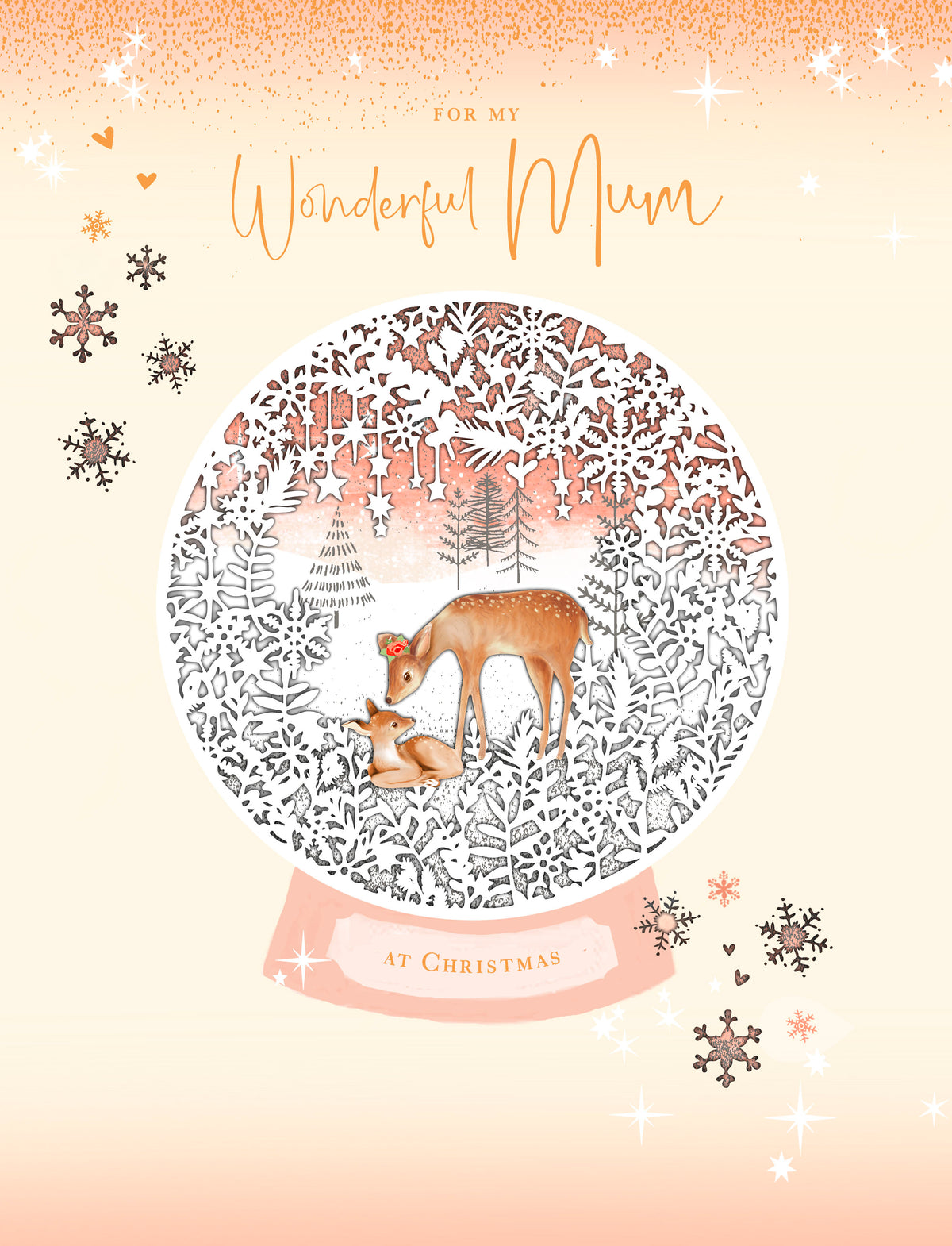 UK Greetings Doe and Deer Christmas card featuring festive holiday illustrations and "Wonderful Mum" message.