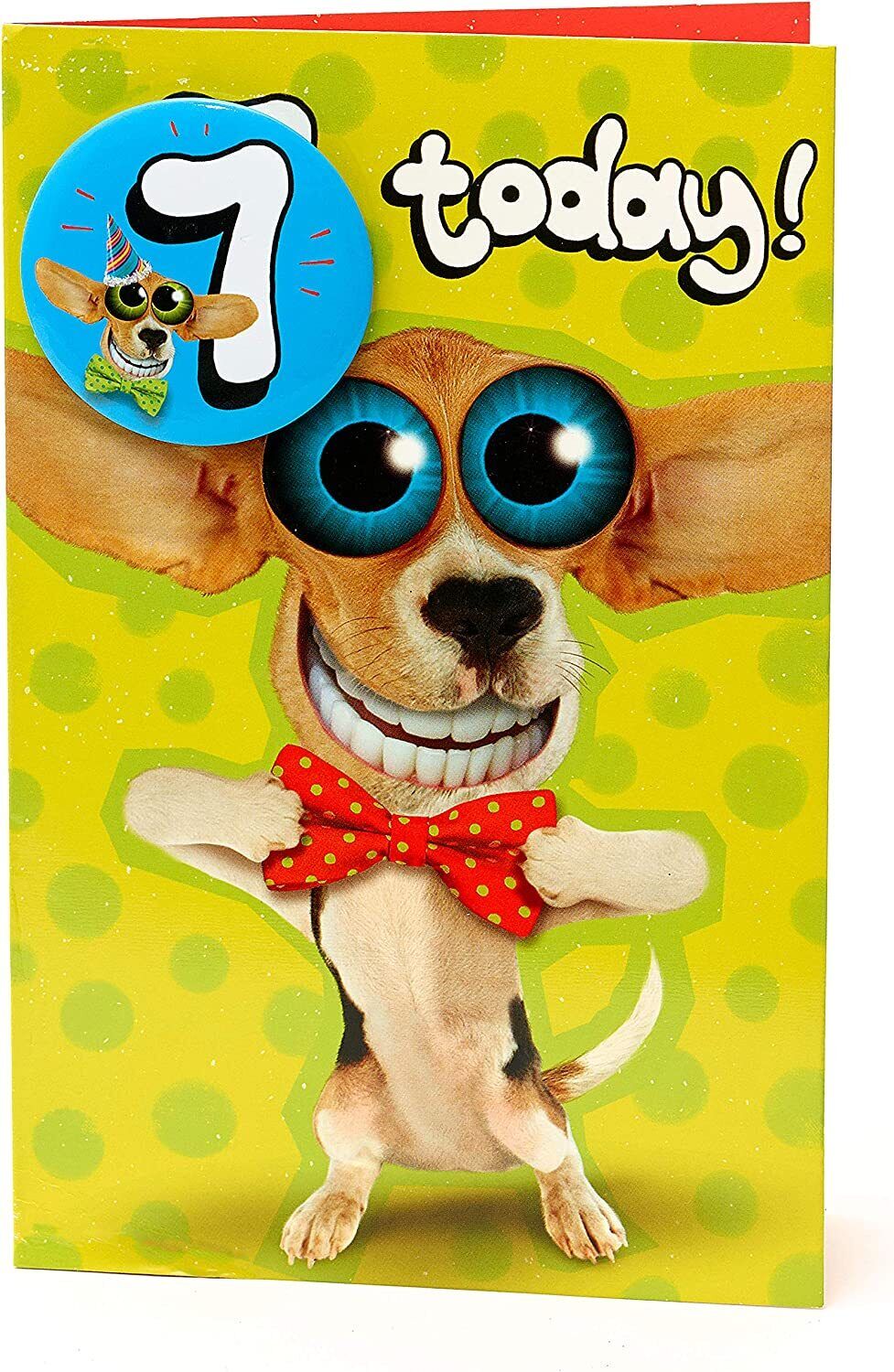 UK Greetings dog-themed 7th birthday greeting card featuring a big-eyed dog illustration and a badge.
