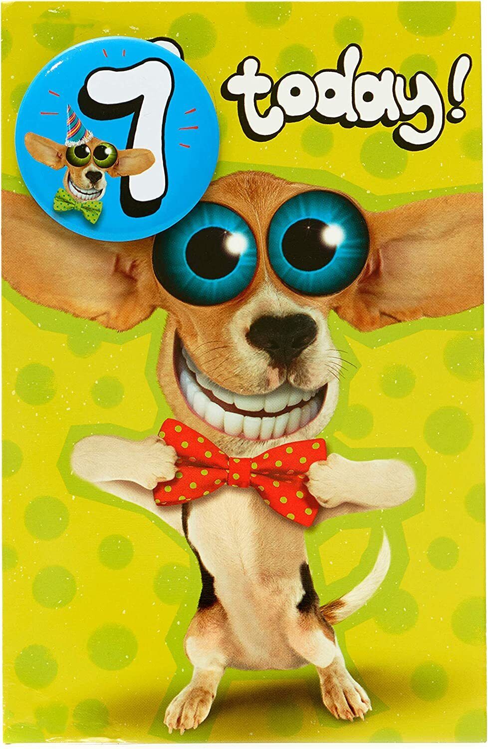UK Greetings dog with big eyes 7th birthday greeting card featuring a badge and colorful birthday design.