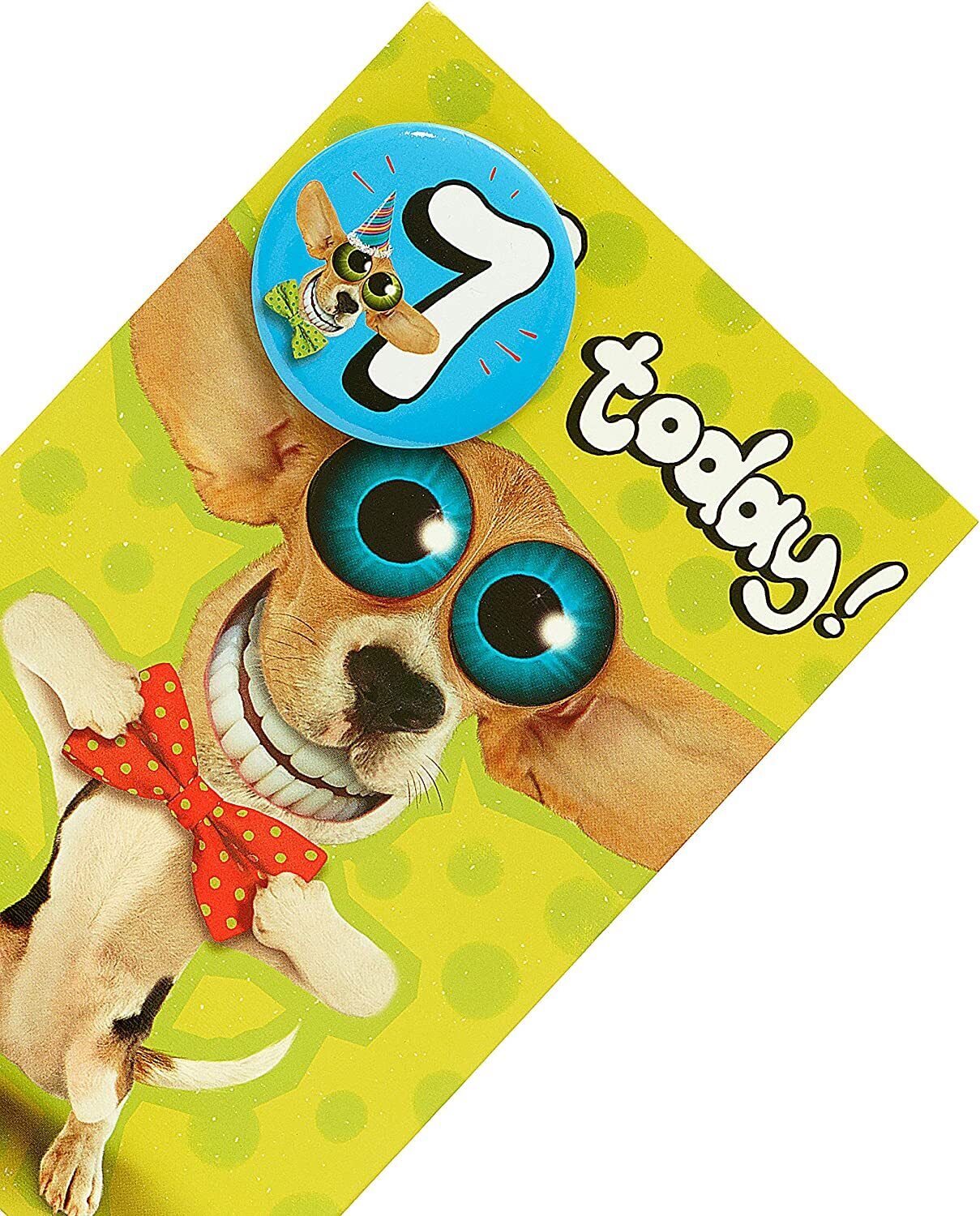 UK Greetings dog with big eyes 7th birthday greeting card featuring a badge, colorful and playful design for kids' birthday celebrations.