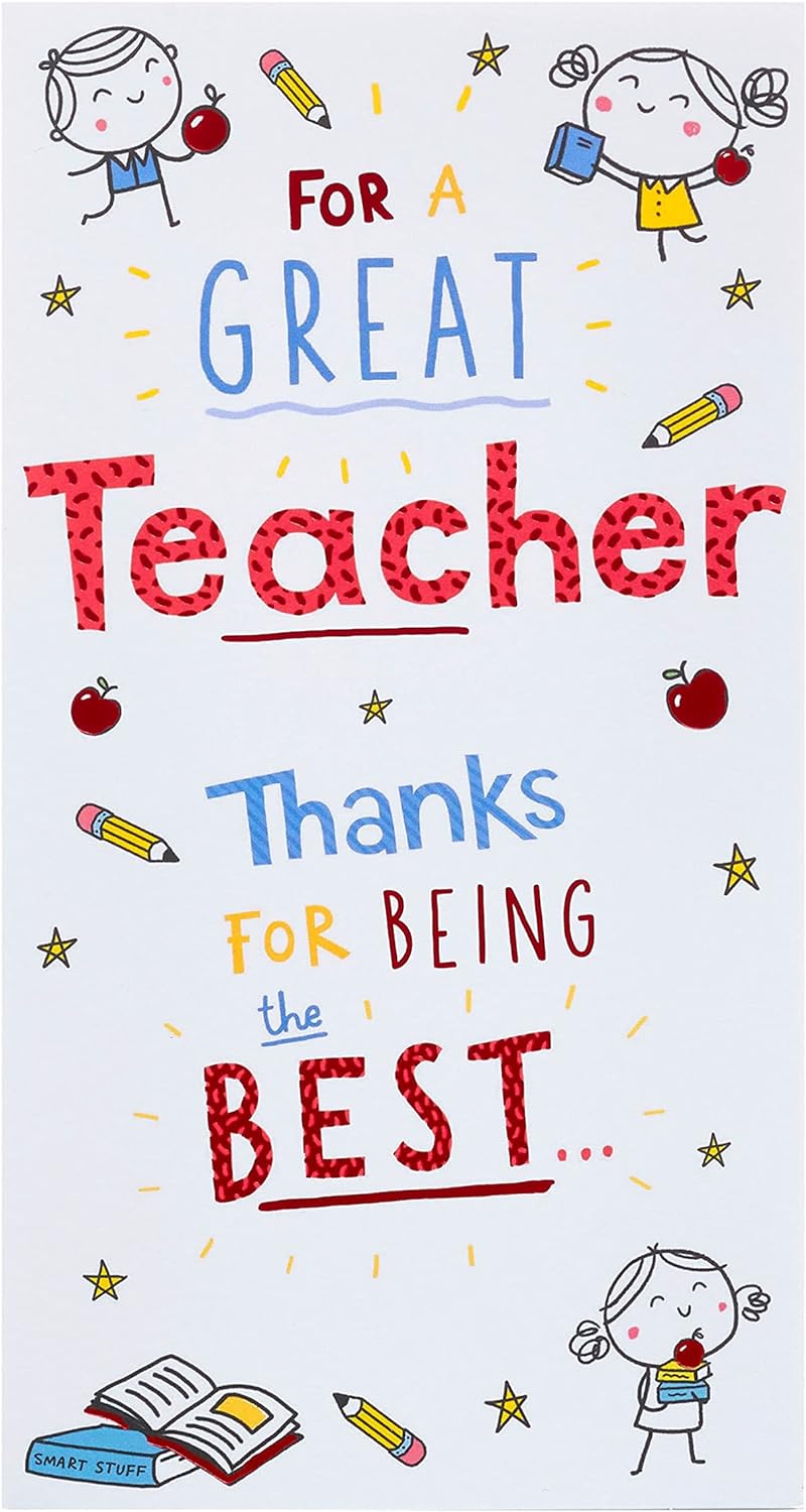 UK Greetings Doodle Design Thank You Teacher Card showing colorful doodle artwork on the front, perfect for expressing gratitude to teachers.