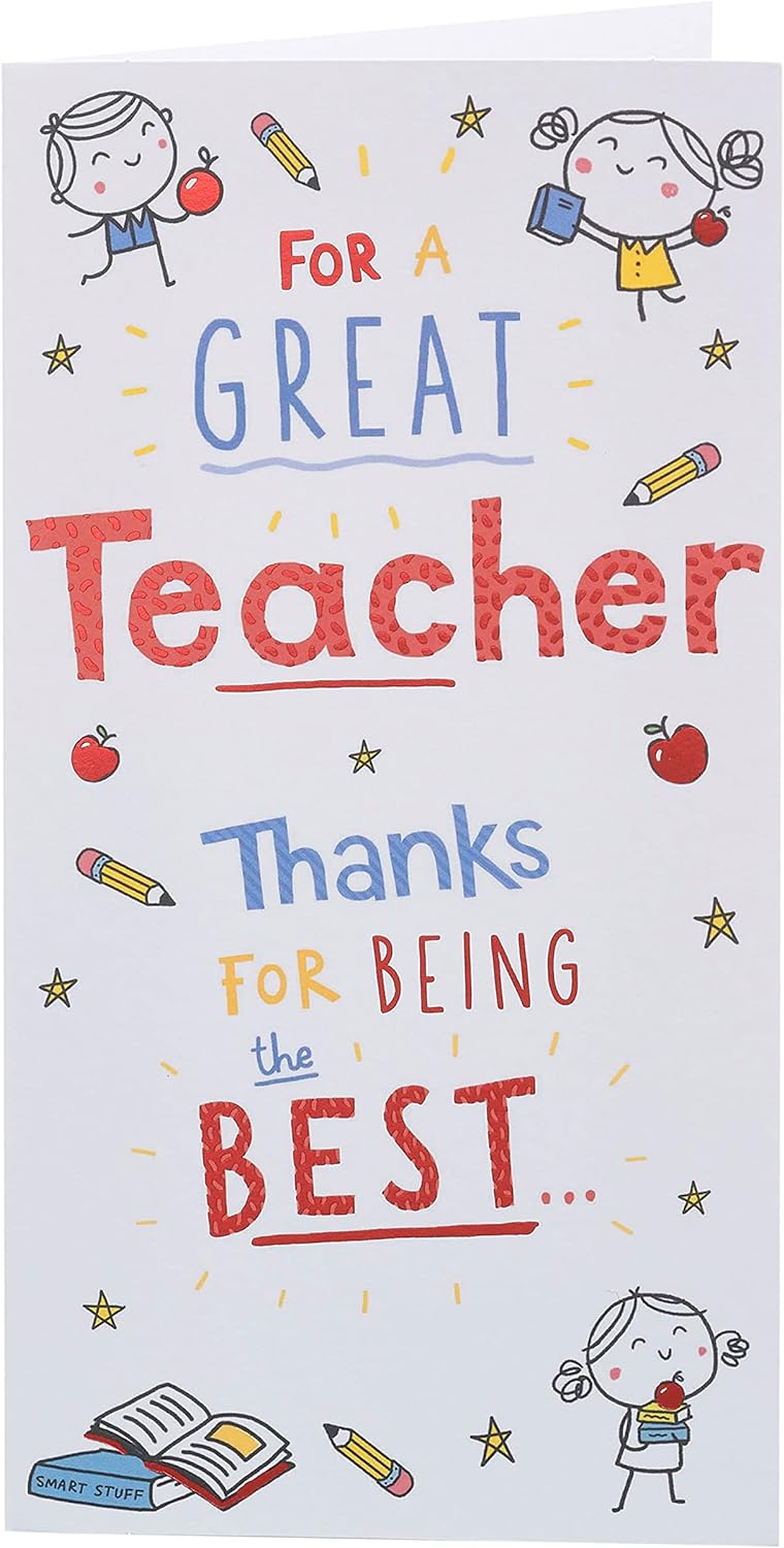 UK Greetings Doodle Design Thank You Teacher Card, colorful greeting card with playful doodles and appreciation message for teachers.