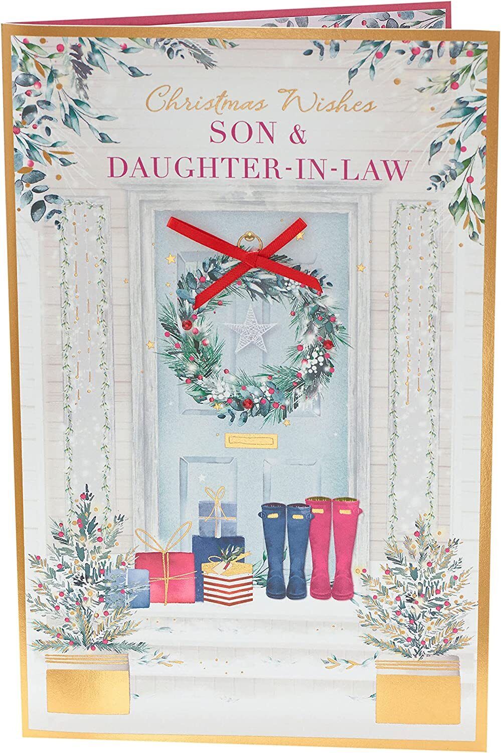UK Greetings Christmas greeting card featuring a doorway with a wreath, for son and daughter-in-law, festive holiday design