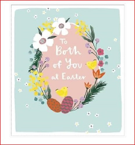 UK Greetings Easter card featuring colorful flowers, a chick, and decorated eggs, perfect for celebrating the holiday.