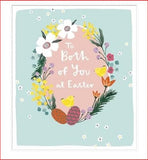 UK Greetings Easter card featuring colorful flowers, a chick, and decorated eggs, perfect for celebrating the holiday.