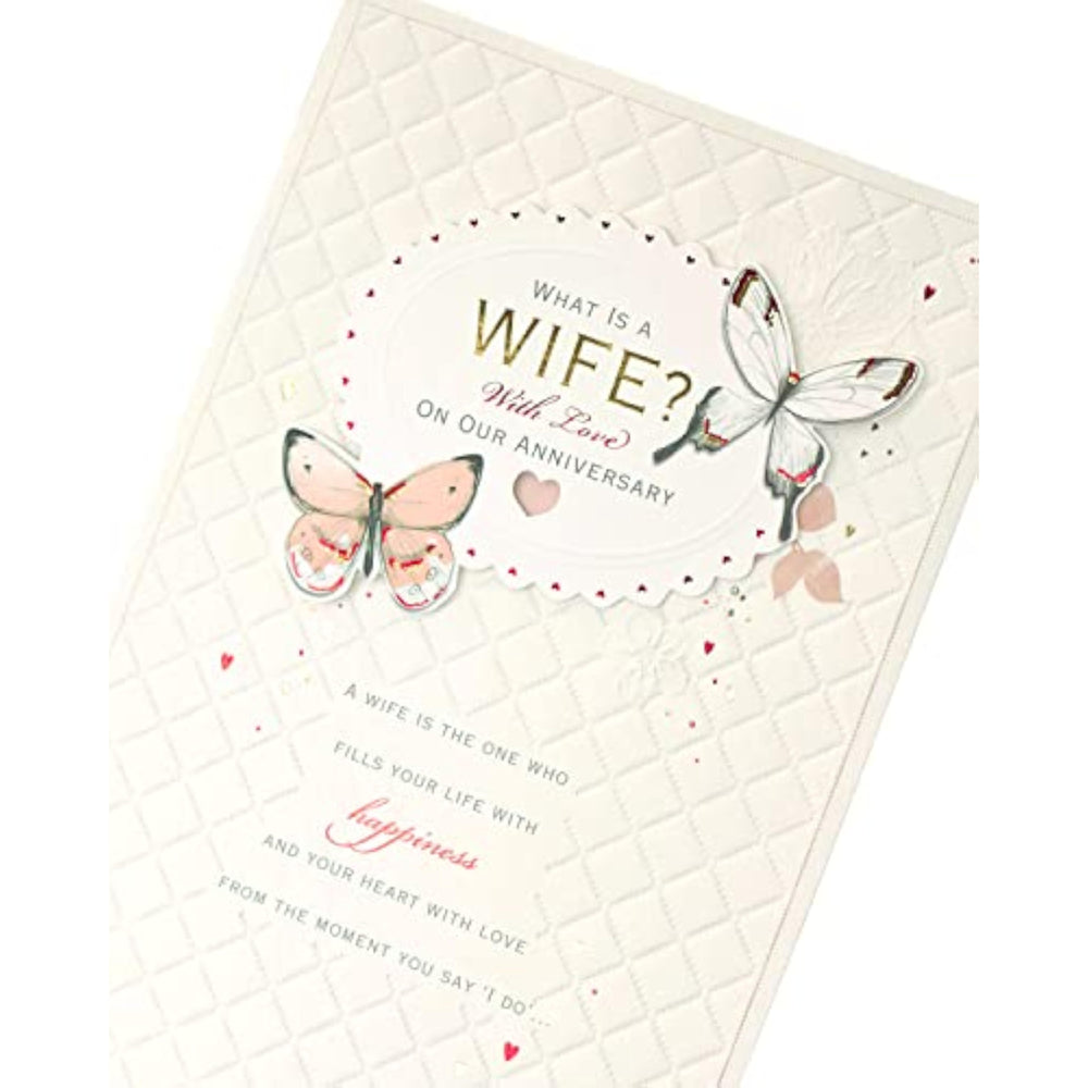 UK Greetings elegant anniversary greeting card featuring 3D butterflies with gold foil design for wife.