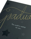 UK Greetings elegant graduation card with foil and embossed finish, featuring a celebratory design on the front.