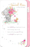 UK Greetings Elliot and Buttons Special Nan birthday card featuring colorful illustrations and heartfelt message for grandmother.