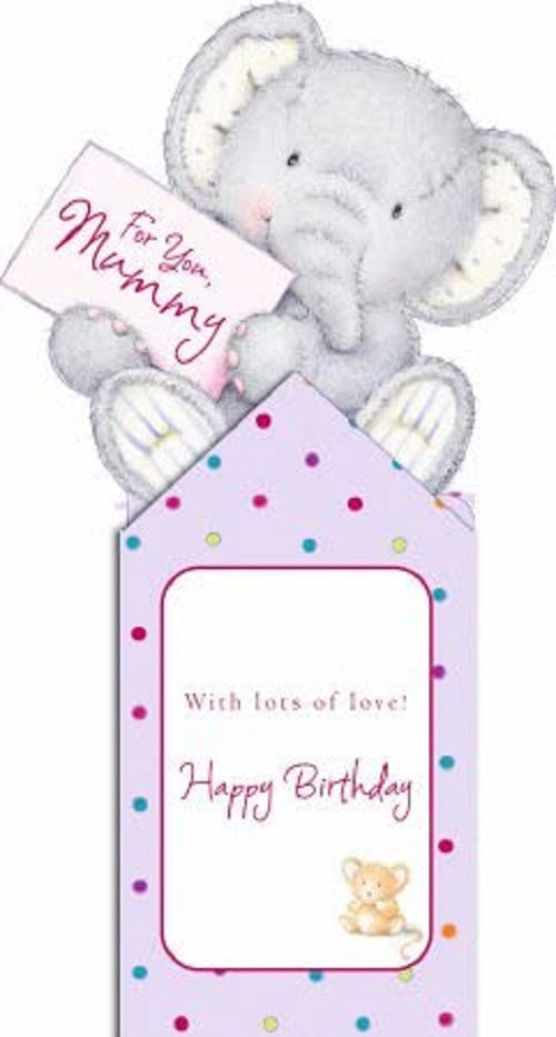 UK Greetings Elliot & Buttons Mummy pop-up birthday card featuring colorful cartoon characters and festive designs.