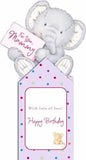 UK Greetings Elliot & Buttons Mummy pop-up birthday card featuring colorful cartoon characters and festive designs.