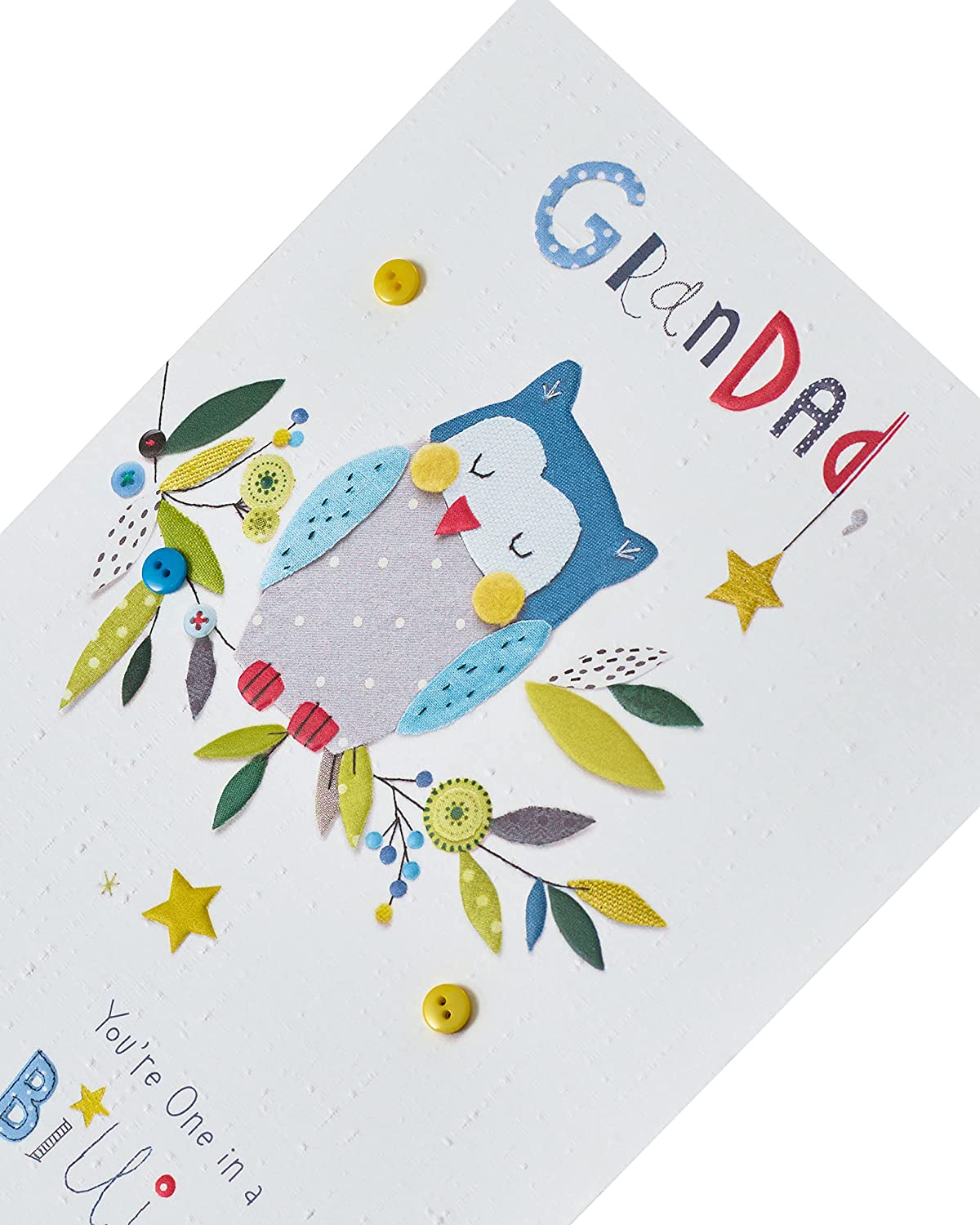 UK Greetings embossed owl Father's Day card for Grandad, featuring a charming owl design on a greeting card.