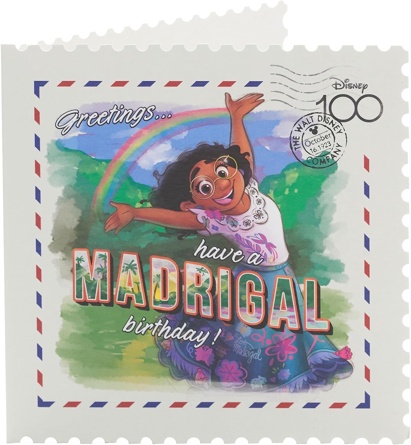 UK Greetings Encanto birthday card featuring Mirabel Disney 100 stamp design with colorful illustrations and festive theme.