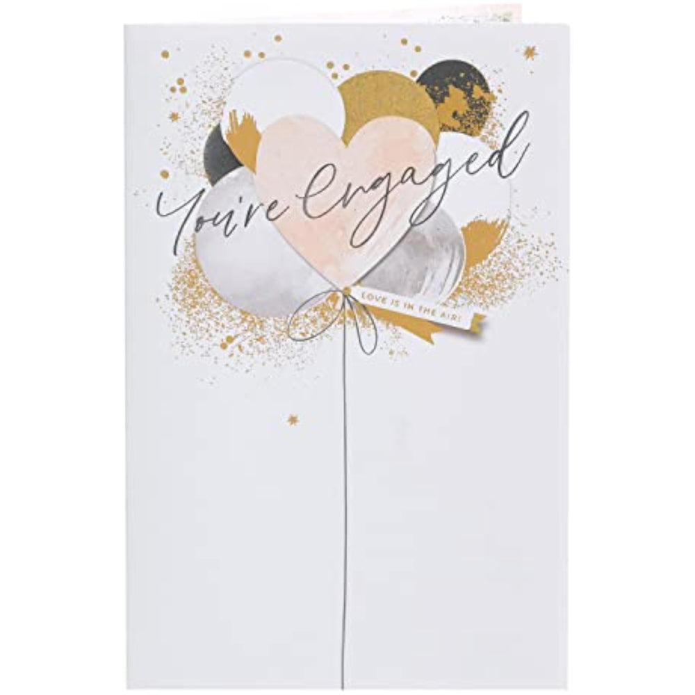 UK Greetings engagement card for him, her, or friend featuring colorful balloon design with envelope for special occasions.