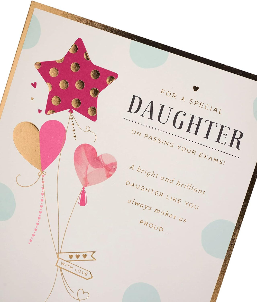 UK Greetings exam congratulations card for daughter, featuring cheerful design to celebrate exam results and achievements.