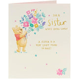 UK Greetings Winnie the Pooh birthday card featuring flowers, designed for sisters, with Disney Winnie the Pooh illustration.