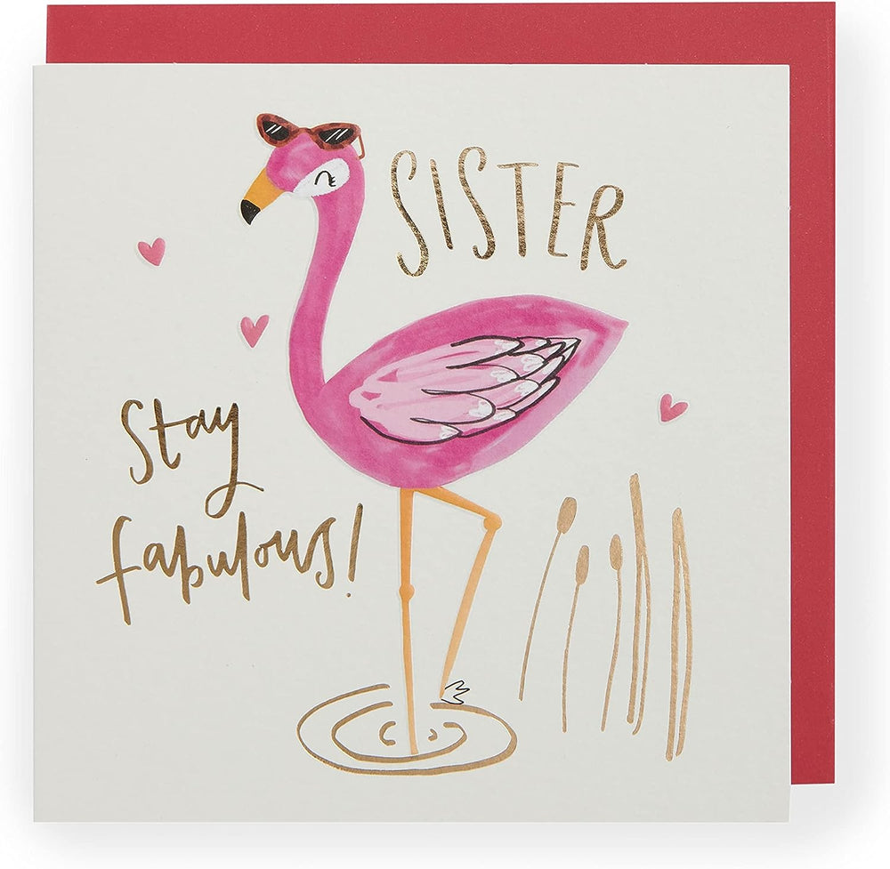 UK Greetings Fabulous Sister Flamingo Birthday Card featuring colorful flamingo design and vibrant greeting message.