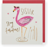 UK Greetings Fabulous Sister Flamingo Birthday Card featuring colorful flamingo design and vibrant greeting message.
