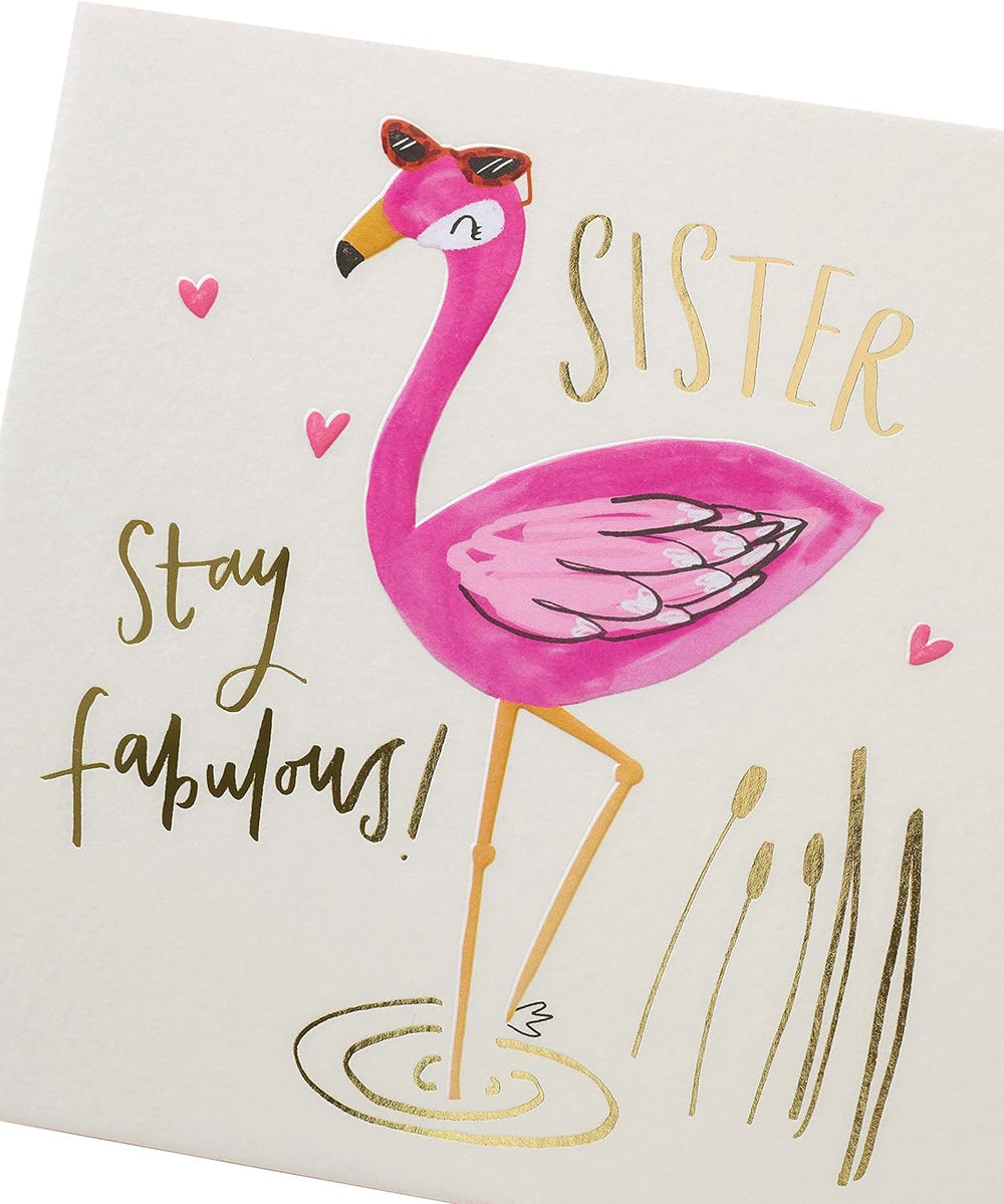 UK Greetings Fabulous Sister Flamingo Design birthday card featuring colorful flamingo artwork and vibrant birthday greeting.