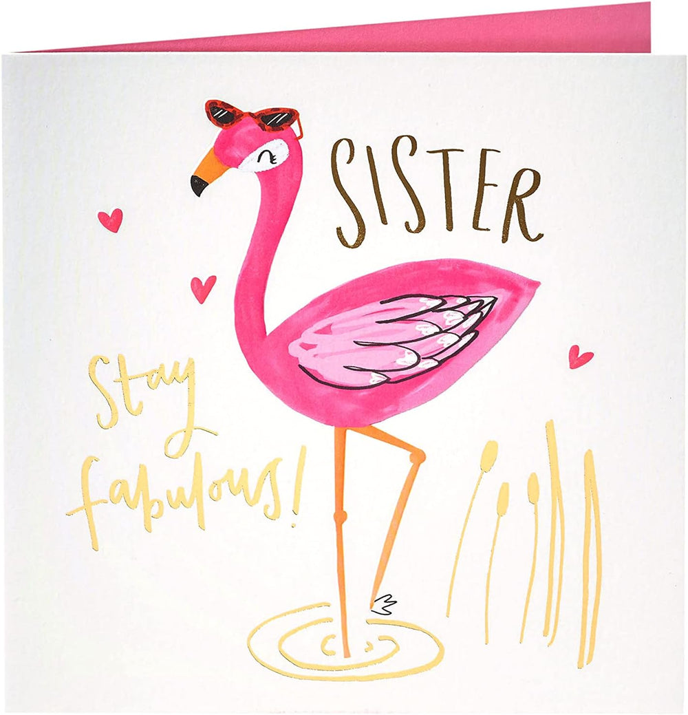 UK Greetings Fabulous Sister Flamingo Birthday Card showing a colorful flamingo design on the front.