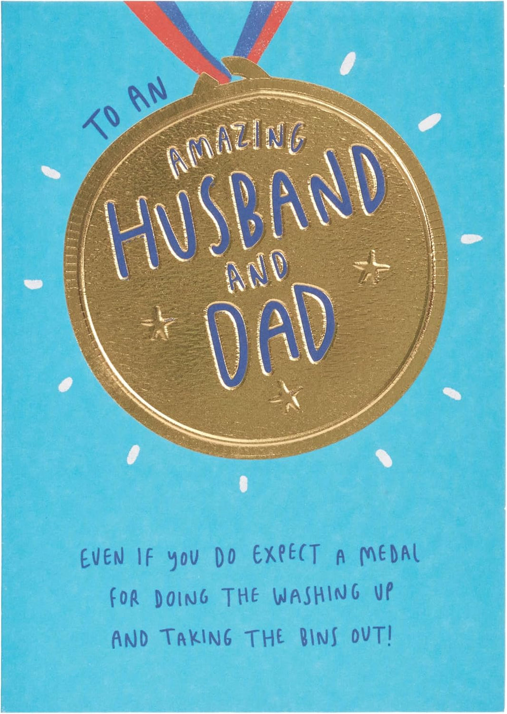 UK Greetings Father's Day card for husband or dad featuring a gold medal design, celebrating special moments with heartfelt messages.