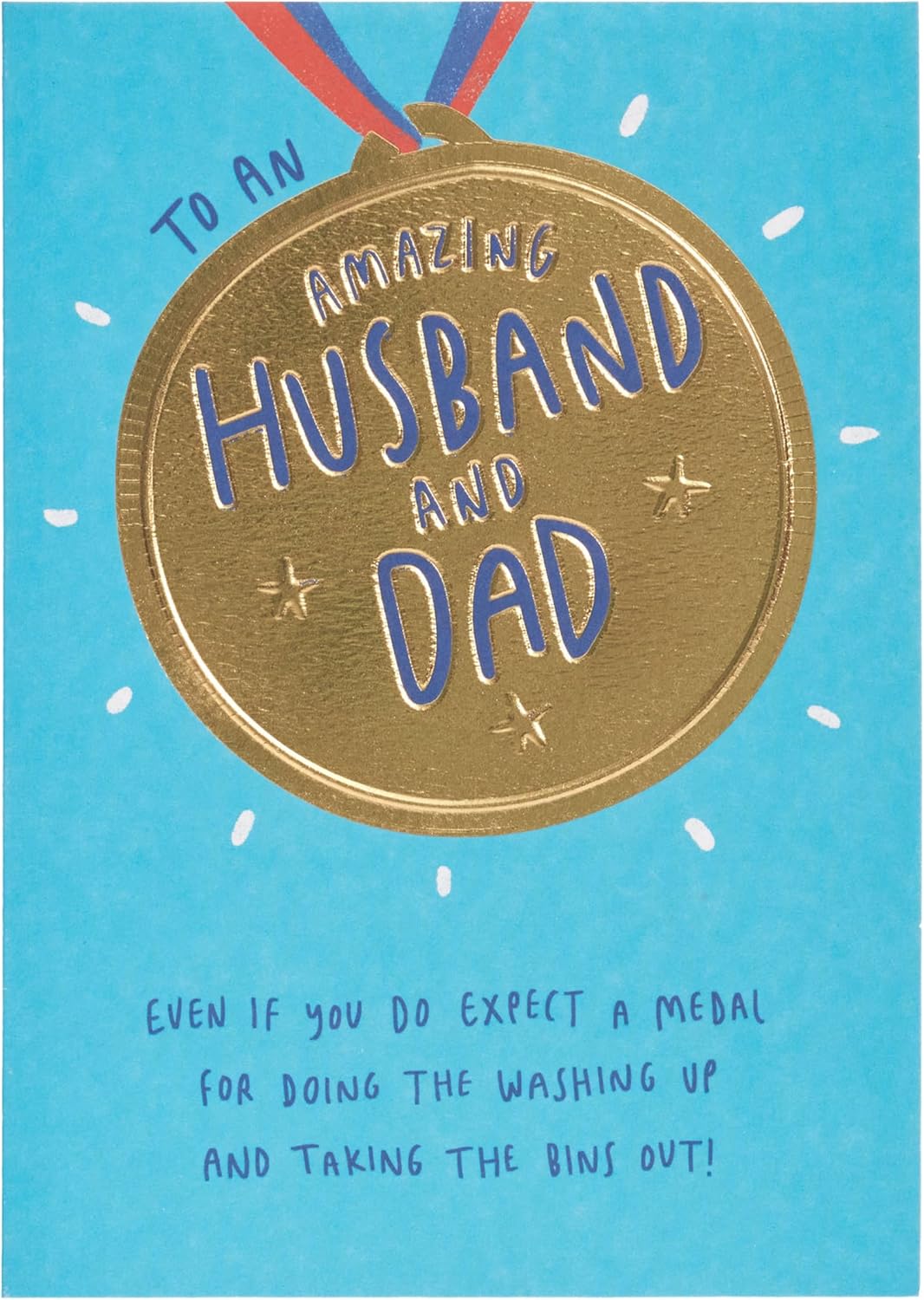 UK Greetings Father's Day card for husband or dad featuring a gold medal design, celebrating special moments with heartfelt messages.