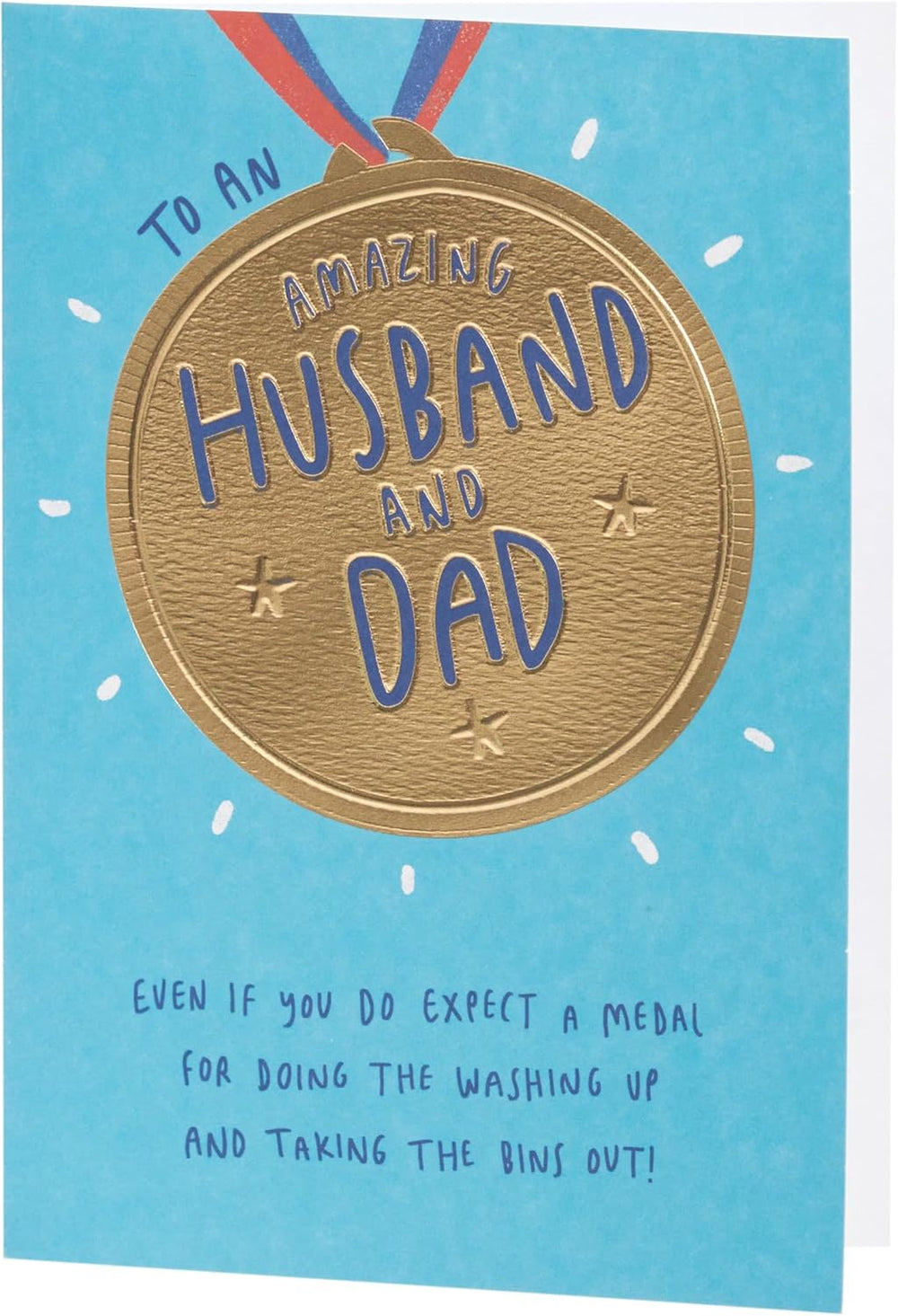 UK Greetings Father's Day card for husband and dad featuring a gold medal design, showcasing a celebratory greeting card image.