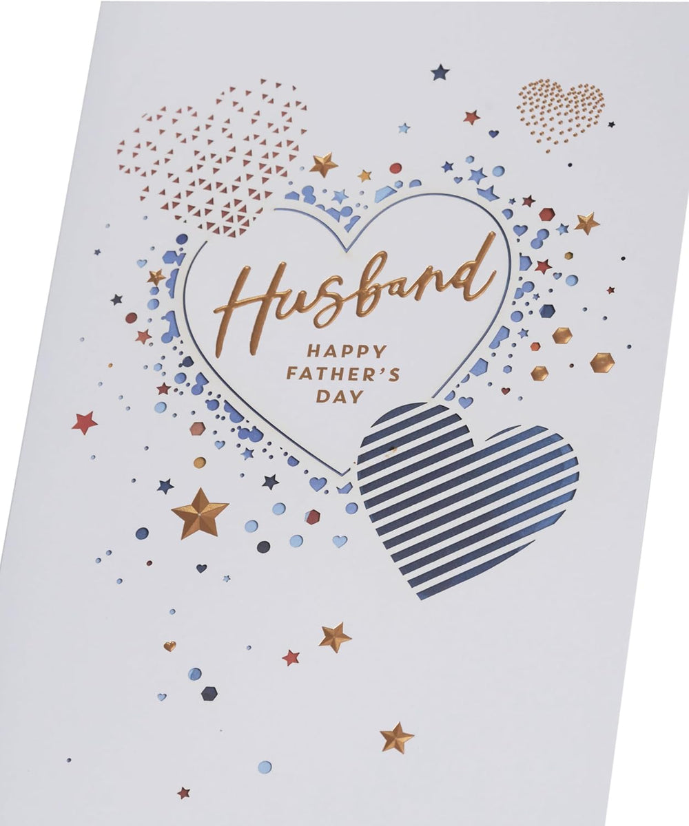 UK Greetings Father's Day card for husband featuring a love heart design, showcasing a heartfelt greeting card for special occasions.