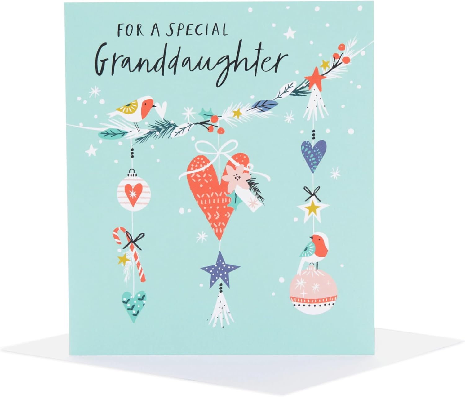 UK Greetings Granddaughter Christmas card featuring festive decorations and a cheerful holiday design.