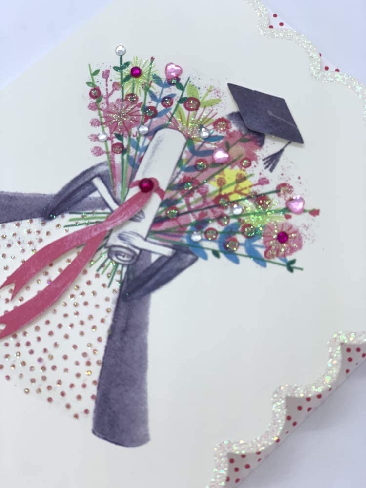 UK Greetings graduation greeting card featuring a girl with flowers, decorated with glitter and diamantes, suitable for celebrating graduations.