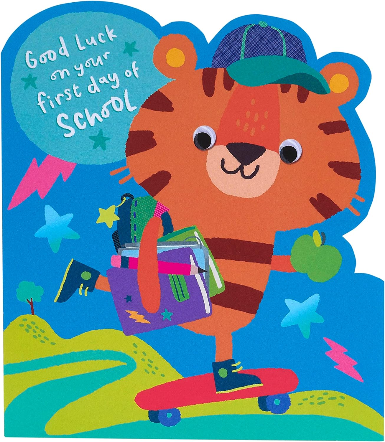 UK Greetings First Day at School greeting card for boys featuring a cute tiger cartoon and an envelope.