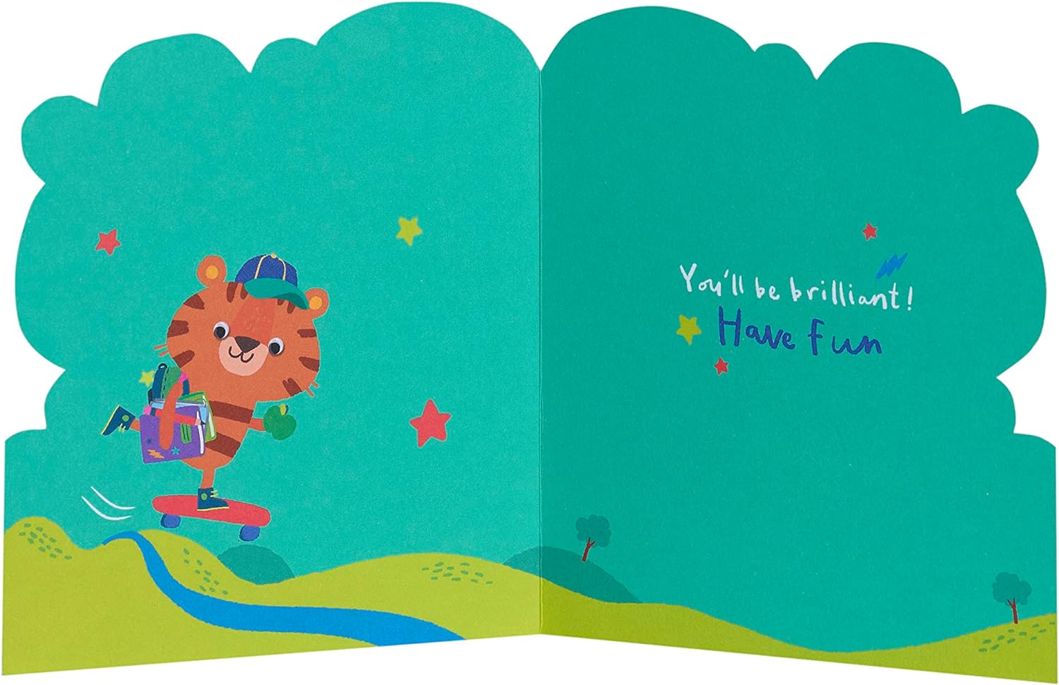 UK Greetings First Day at School greeting card for boys featuring a cute tiger cartoon with an envelope.