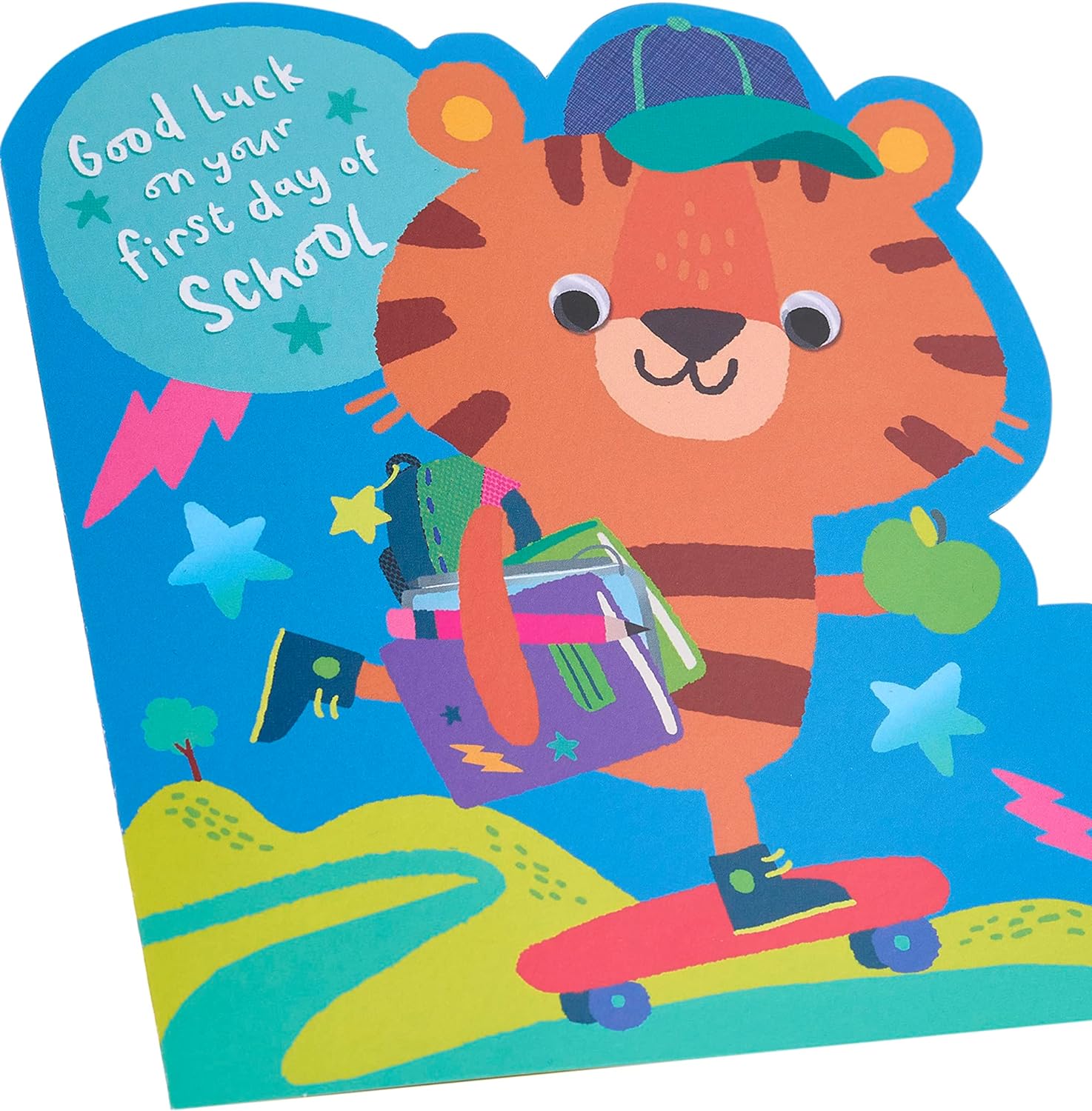 UK Greetings first day at school greeting card for boys featuring a cute tiger cartoon with an envelope.